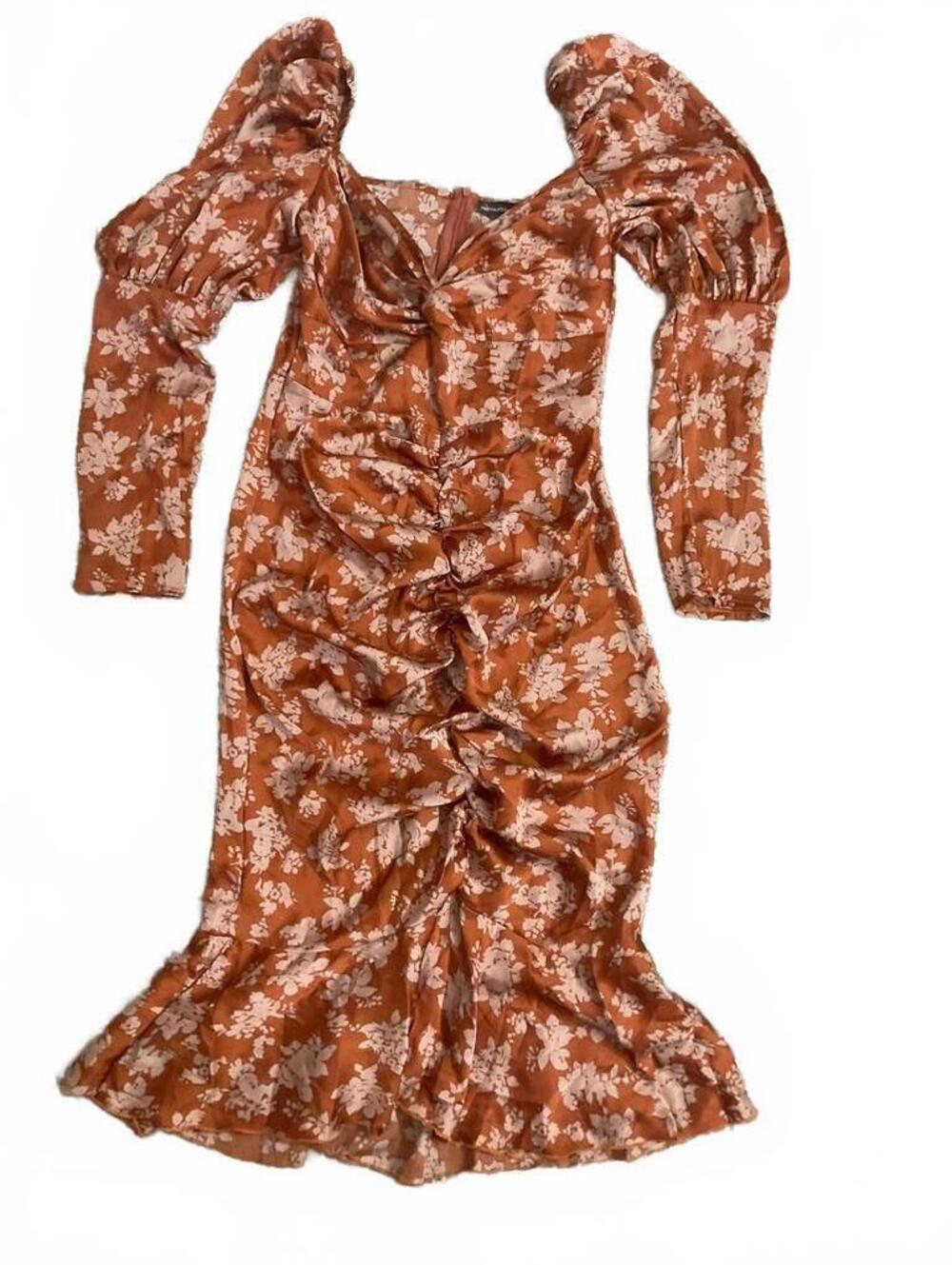 PrettyLittleThing orange floral ruched dress long and fitted